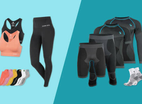 Dámske a pánske športové oblečenie: ponožky, podprsenky, legíny či tričká.