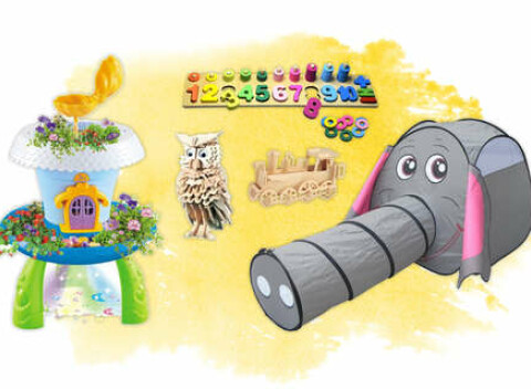 Múdre drevené hračky pre deti, magická záhradka, stan alebo nafukovacie kreslá.