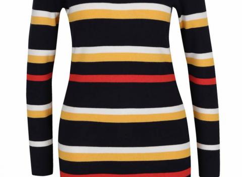 Pružný a hrejivý tmavomodrý pruhovaný dlhý sveter či krátke minišaty značky Dorothy Perkins.