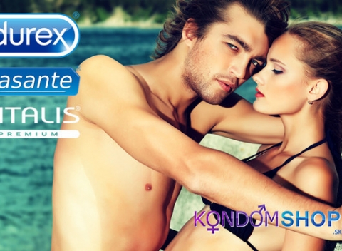 Balíčky špičkových kondómov popredných značiek Durex, EXS, Pasante a Vitalis.