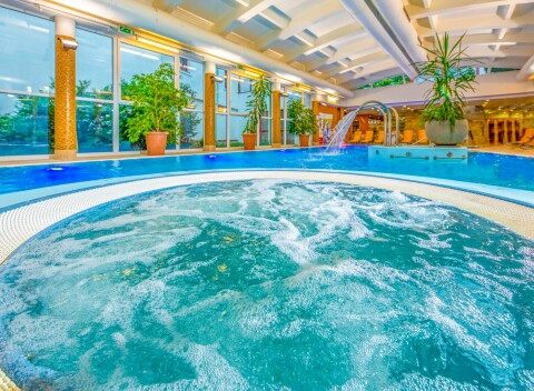 Harkány 350 m od termálov: Dráva Hotel Thermal Resort **** s wellness a saunami + polpenzia.