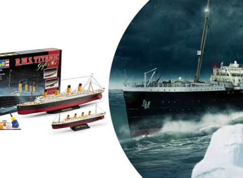 Zložte si vlastný Titanic – dva modely lodí na lepenie vrátane stojanu na vystavenie modelu.