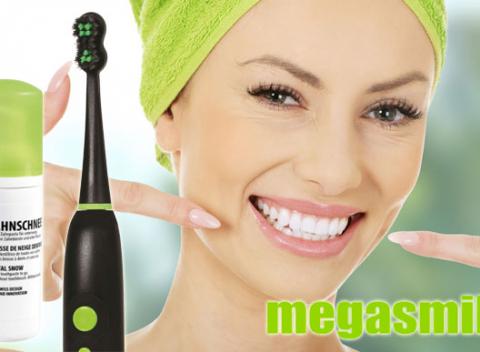 Biele zuby vďaka patentovanej technológii aktívneho uhlíka. Zubná kefka SONIC Black Whitening a zubný sneh švajčiarskej značky megasmile.