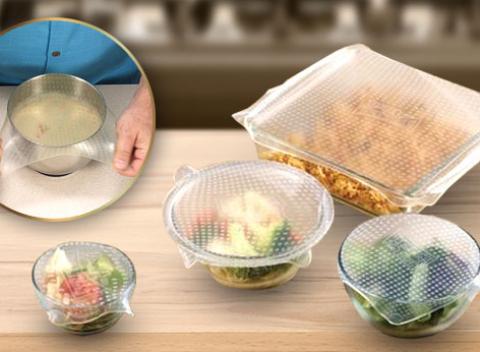 Uschovajte vaše dobroty dlho čerstvé a voňavé! Silikónové pokrievky, 4 kusy v balení v 3 rozmeroch, ktoré priľnú na každú nádobu.