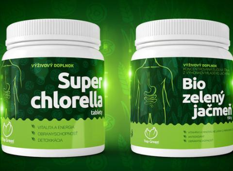 Objavte silu prírody v produktoch značky Top Green - 750 tabliet chlorelly vulgaris a 150 gramov sušenej šťavy zeleného jačmeňa v prášku.