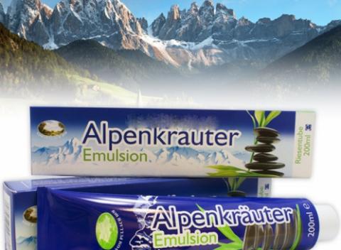 Alpenkräuter emulsion je bylinný krém, ktorý obsahuje výťažky z borovice, rozmarínu šalvie, citrónu. Vhodný je na masáže tela po športovaní.